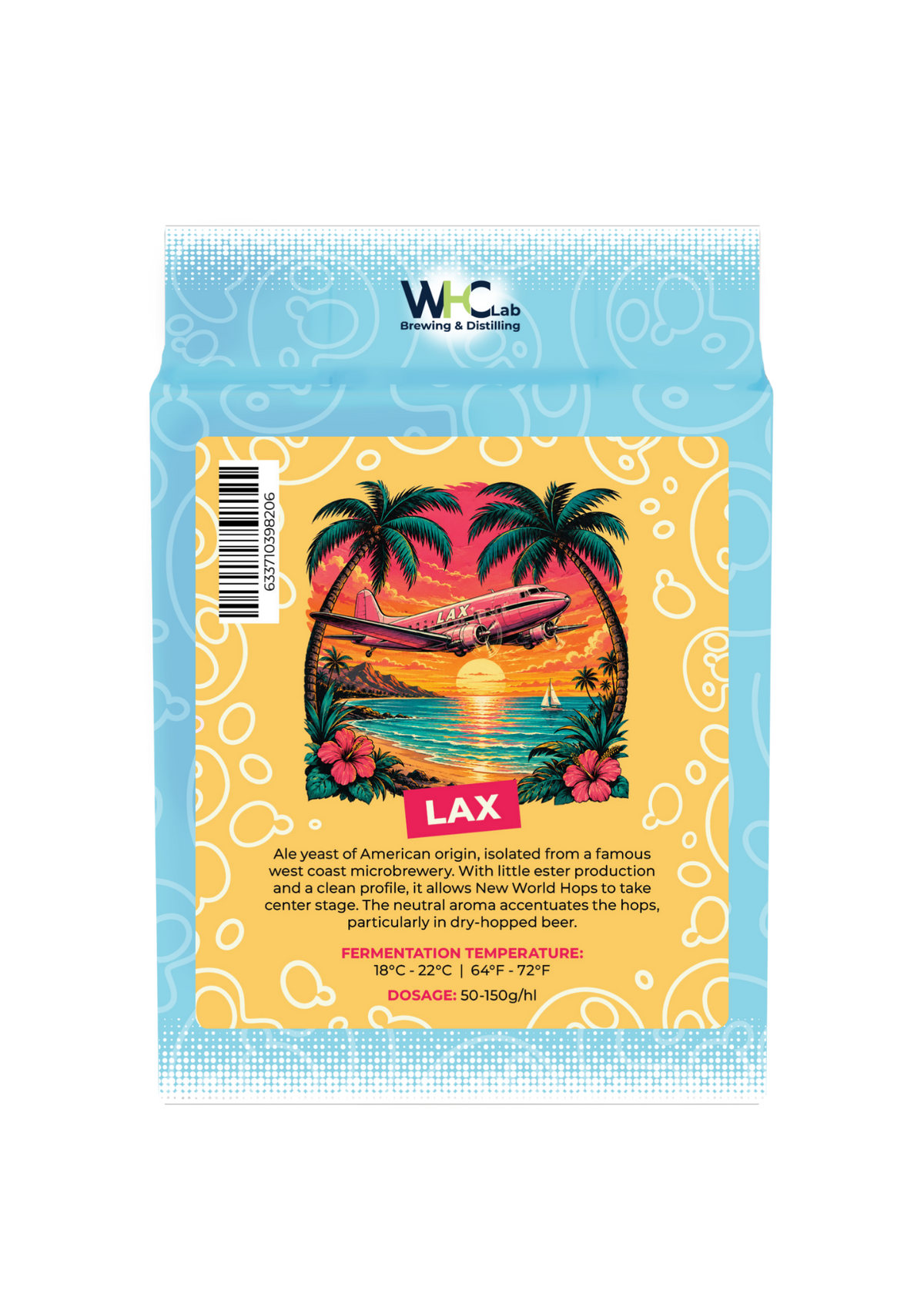 A bag of WHC Lab brewing yeast. Blue packaging with a logo front centre for the yeast strain, "LAX".
