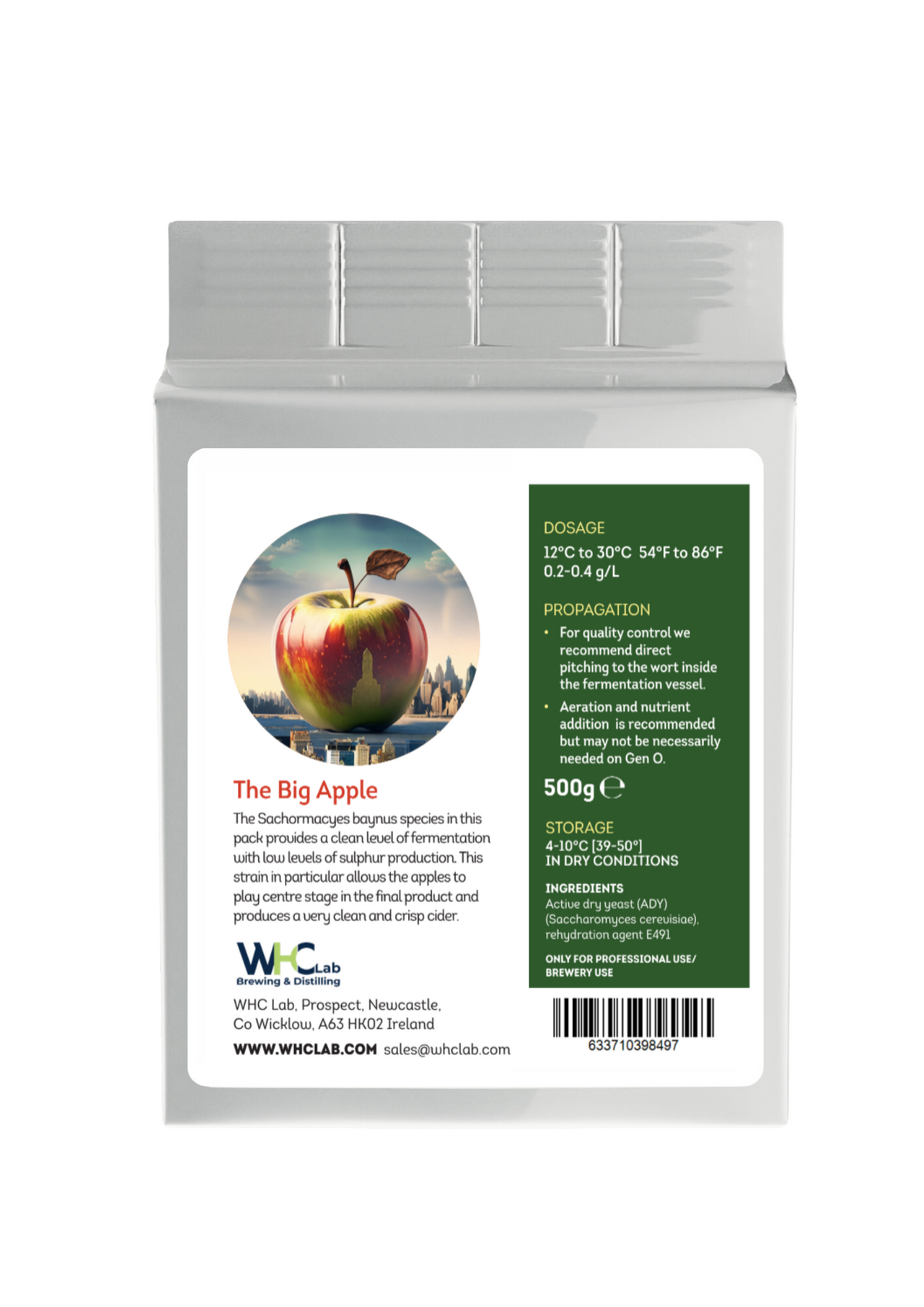 A package of WHC Lab 'The Big Apple' Cider Dry yeast featuring technical specifications and an image of a big apple in a high-rise city.