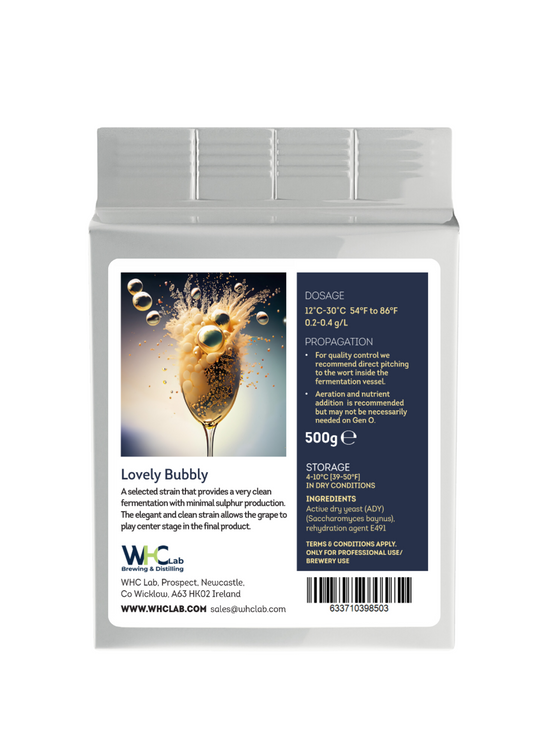 A package of WHC Lab 'Lovely Bubbly' Champagne yeast, featuring technical specifications and an image of exploding liquid and bubbles coming from a champagne glass.