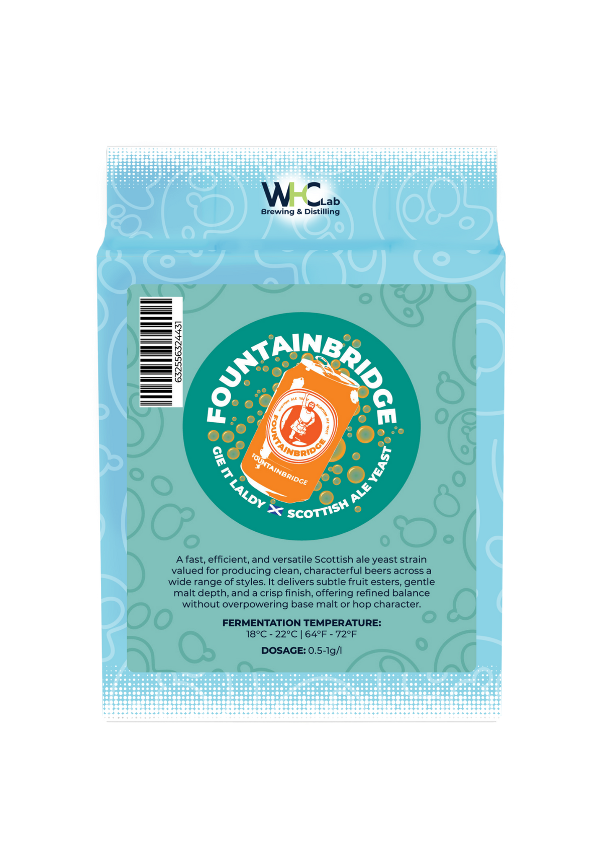 A package of WHC Fountainbridge brewing yeast. Light blue packaging with a Fountainbridge logo featuring an open orange can with bubbles around it.