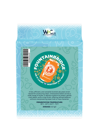 A package of WHC Fountainbridge brewing yeast. Light blue packaging with a Fountainbridge logo featuring an open orange can with bubbles around it.