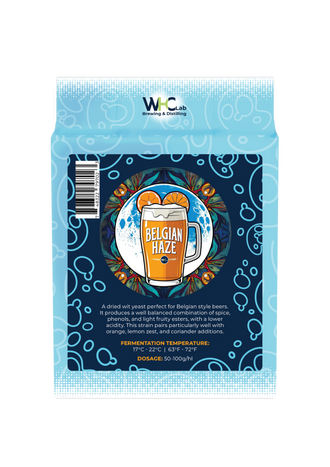 A bag of WHC Lab Belgian Haze brewing yeast, featuring a dark blue and light blue design with an illustration of a beer mug and orange slices.