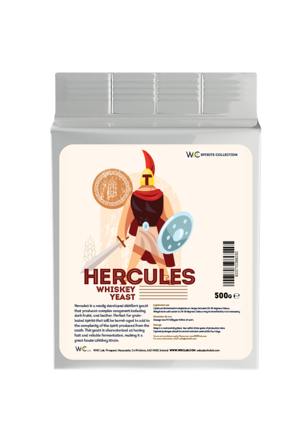Packaging of Hercules: Dry Thermotolerant Whiskey Yeast with an illustration of a ancient warrior and a coin, indicating the use of the yeast for distilling.