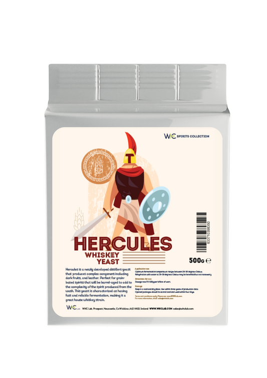 Packaging of Hercules: Dry Thermotolerant Whiskey Yeast with an illustration of a ancient warrior and a coin, indicating the use of the yeast for distilling.