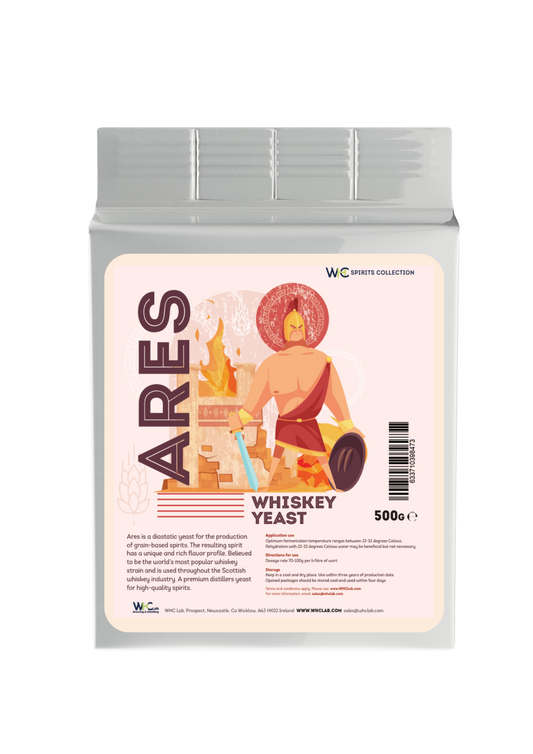 Packaging of Ares Whiskey Yeast featuring an illustration of a person foraging, with elements indicating a connection to whiskey making, such as a pot still and leaves.