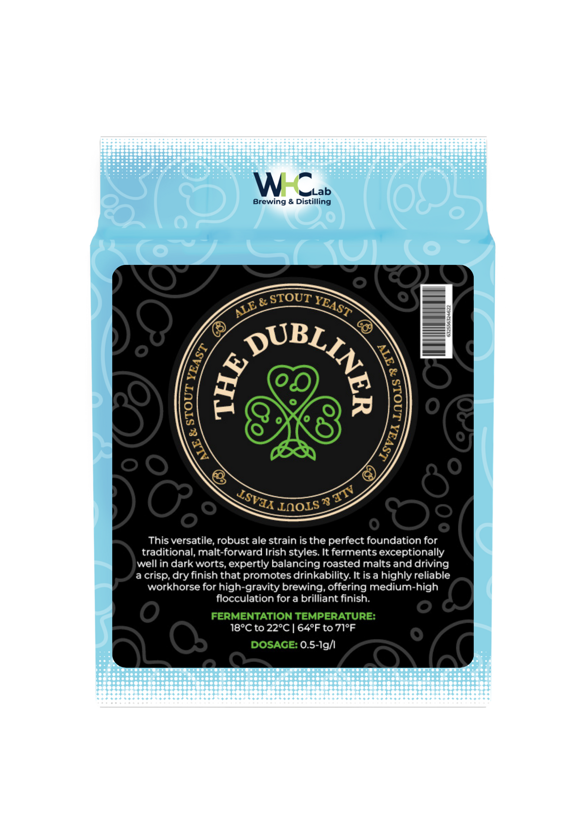 A bag of WHC Lab 'The Dubliner' brewing yeast, featuring a black and light blue packaging design with a central black label.