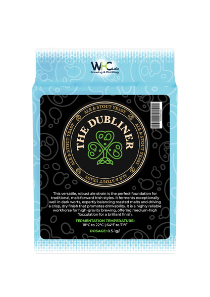A bag of WHC Lab 'The Dubliner' brewing yeast, featuring a black and light blue packaging design with a central black label.