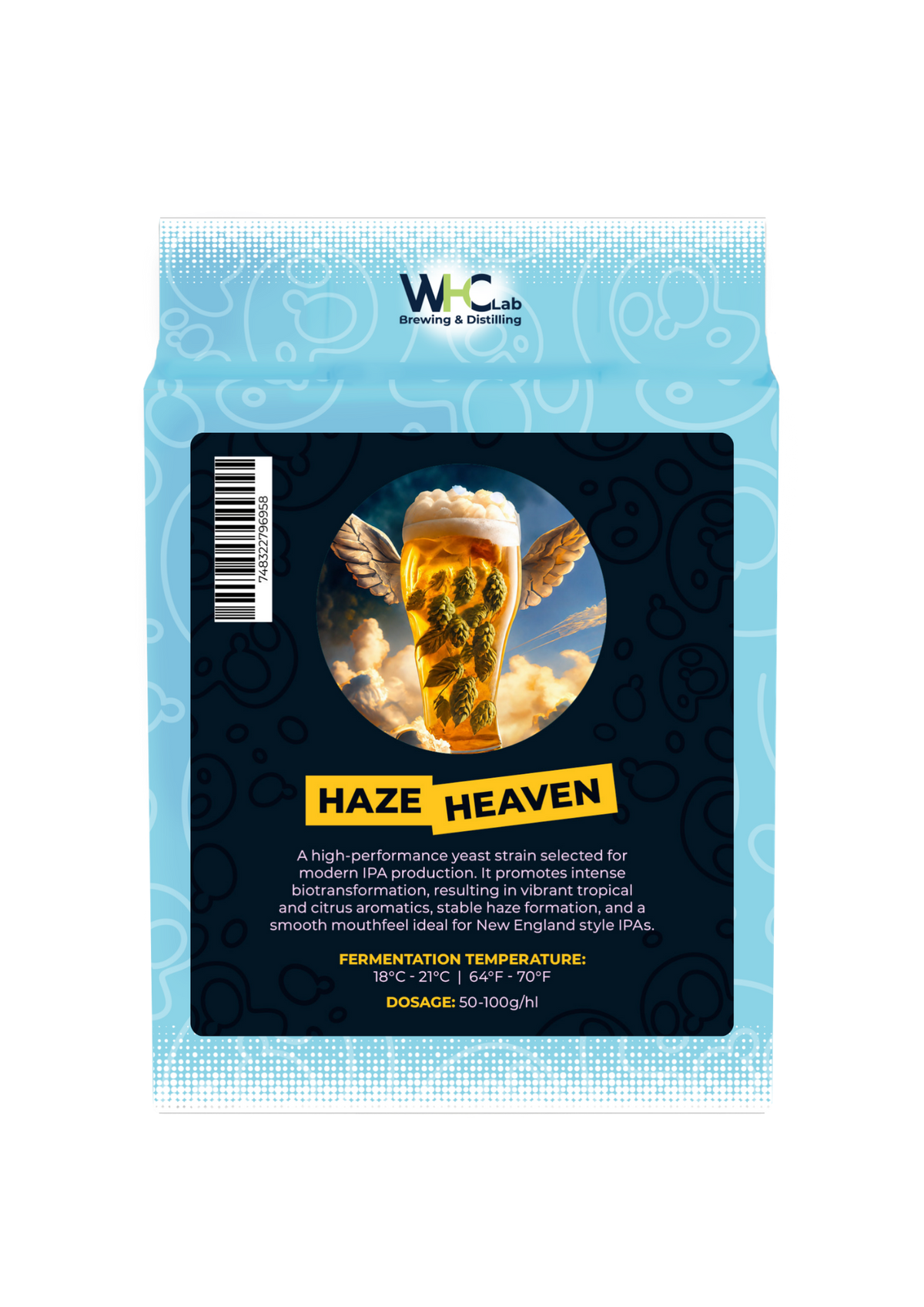 A bag of WHC Lab Haze Heaven dry brewing yeast, featuring a dark blue and black label with a central photo of a frothy beer glass and yellow text, set against a clean white background.