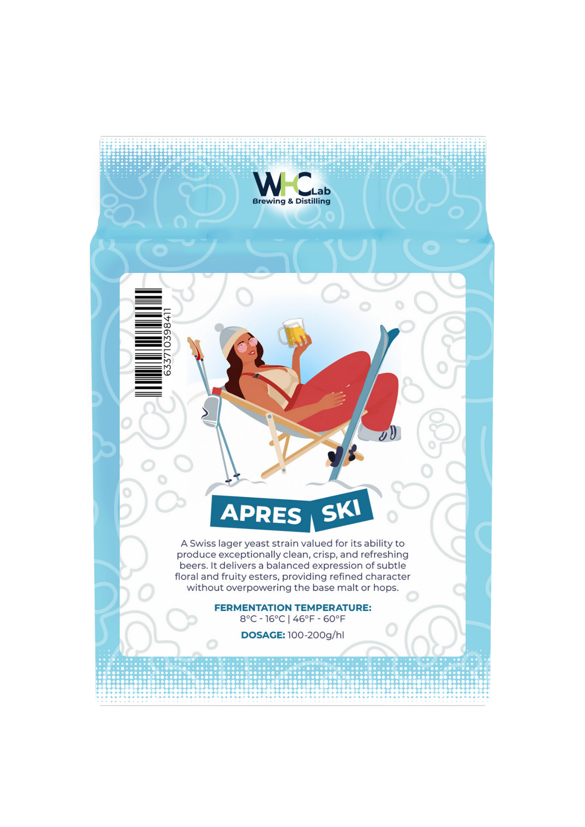 WHC Lab brewing yeast 500g packet titled "Apres Ski". The packaging is blue with animated yeast cells, and has a white square in the front centre. Inside this white square is the title "Apres Ski" underneath a depiction of a woman lounging and enjoying a glass of beer in a chair alongside her skis and ski gear. The packaging also details the beer's characteristics, ideal fermentation temperature range and dosage.