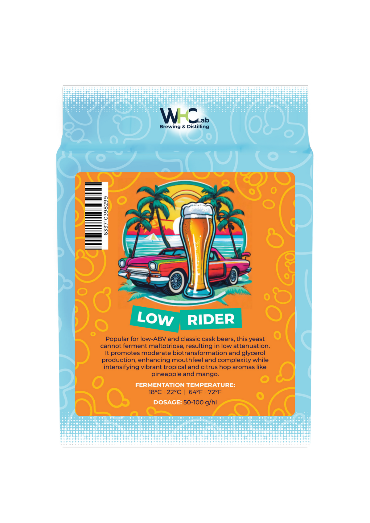 A bag of WHC Lab Low Rider brewing yeast, featuring a bright orange and blue packaging design with a retro illustration of a beer glass, car, and palm trees.