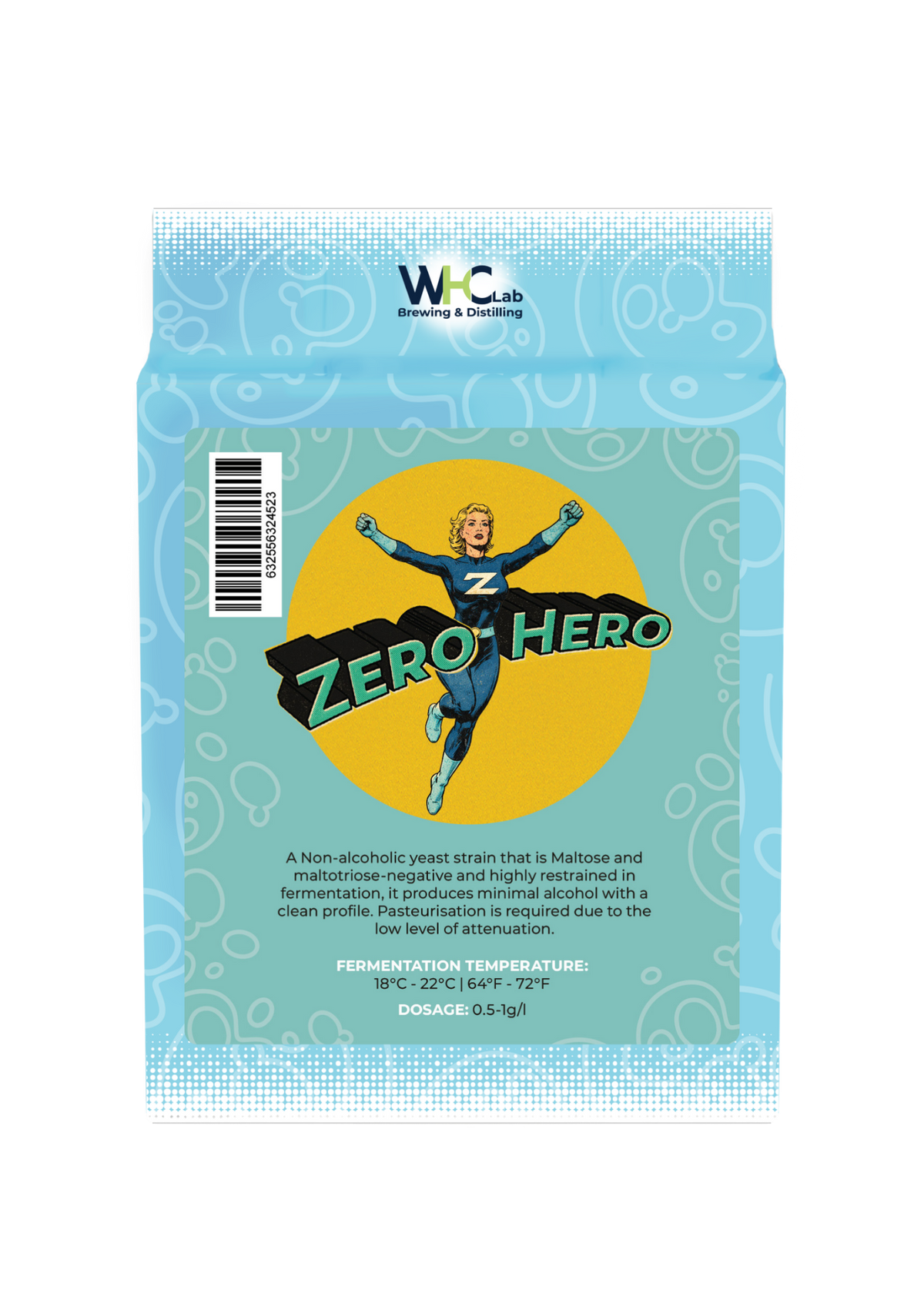 A bag of WHC Lab Zero Hero Maltose and maltodextrin malt extract brewing yeast, featuring a light blue and teal design with a central yellow circle and the 'Zero Hero' logo.