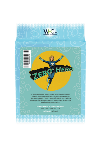 A bag of WHC Lab Zero Hero Maltose and maltodextrin malt extract brewing yeast, featuring a light blue and teal design with a central yellow circle and the 'Zero Hero' logo.