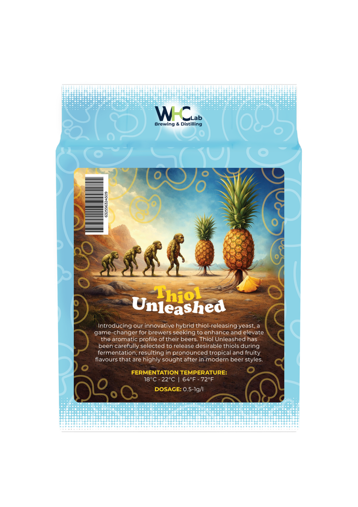 A bag of WHC Lab Thiol Unleashed brewing yeast, featuring a light blue border with white patterns and a central brown label with an illustration of apes and pineapples.