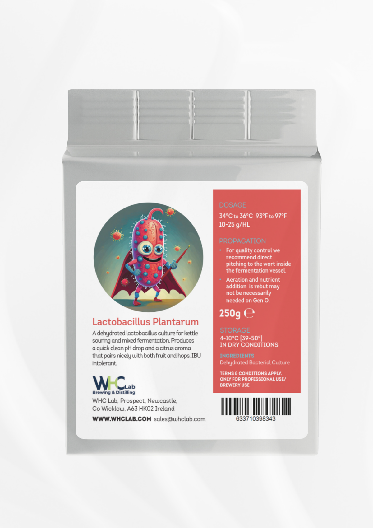 Packaging of Lactobacillus plantarum powder with a colorful illustration of a bacteria character. The package indicates the product is used for brewing.