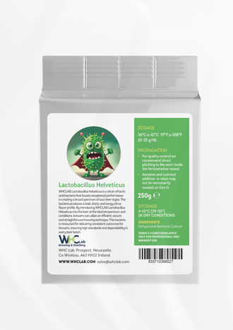 Packaging of Lactobacillus helveticus Tangy Bacteria with a playful cartoon bacteria character on the label, indicating a fun and whimsical brand identity.