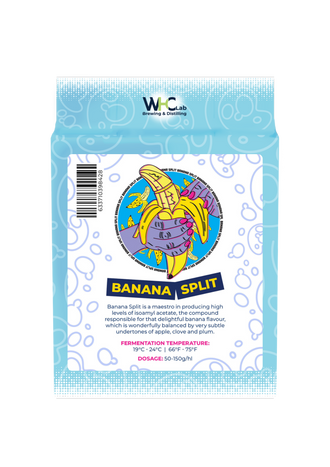 A packet of WHC Lab 'Banana Split' brewing yeast. The package is light blue with white water-drop style patterns, a central banana illustration, and product text describing the flavor and fermentation details.